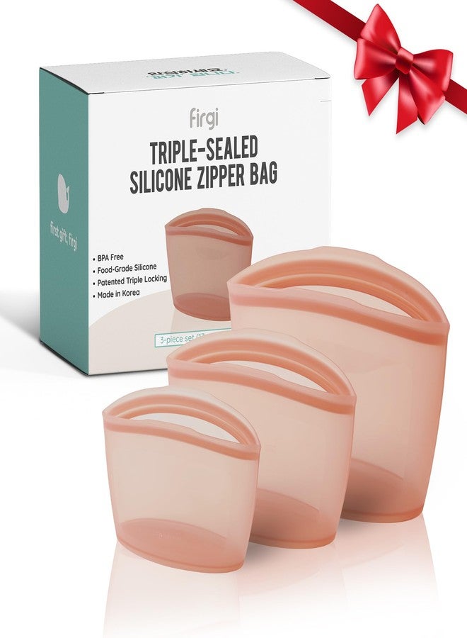 Firgi Premium Platinum Silicone Reusable Food Storage Bags 3-Pack (17 fl oz + 29 fl oz + 51 fl oz), Airtight Zip Lock Bags for Food, BPA-Free Silicone Freezer Bags, Rose - Image 1